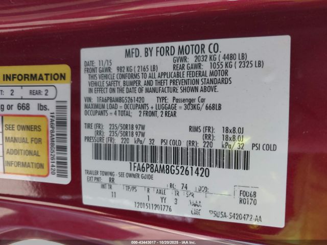 2016 FORD MUSTANG 1FA6P8AM8G5261420 Photo 8