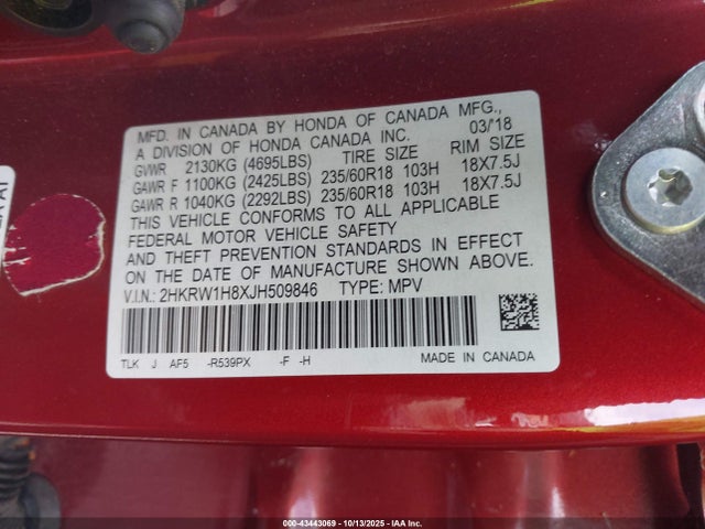 2HKRW1H8XJH509846 Honda Cr-v Ex-l/ex-l Navi