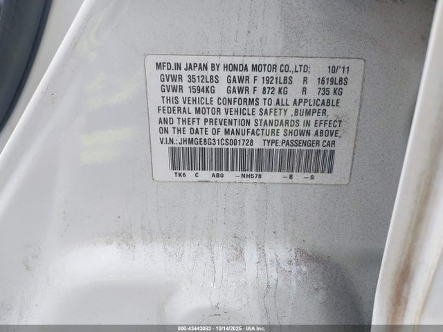 2012 Honda Fit მანქანა იყიდება აუქციონზე, vin: JHMGE8G31CS001728, აუქციონის ნომერი: 43443083