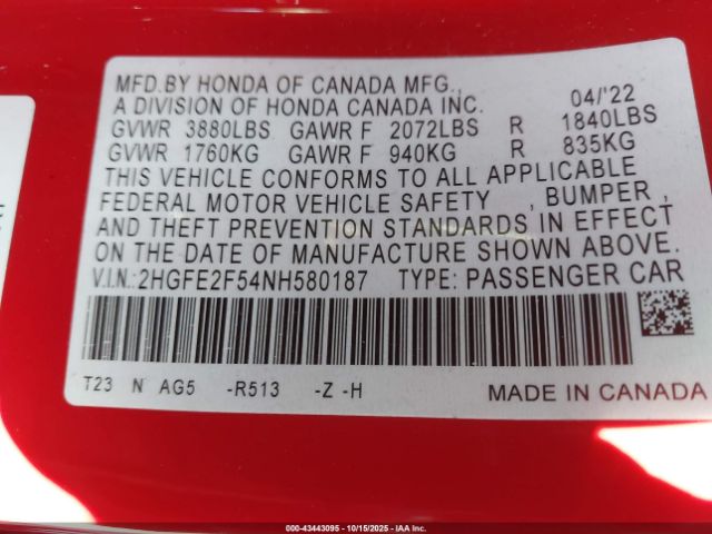 2022 HONDA CIVIC 2HGFE2F54NH580187 Photo 8