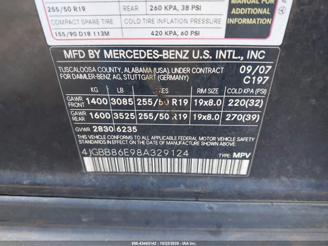 Продажа на аукционе авто 2008 Mercedes-benz Ml 350 4matic, vin: 4JGBB86E98A329124, номер лота: 43443142