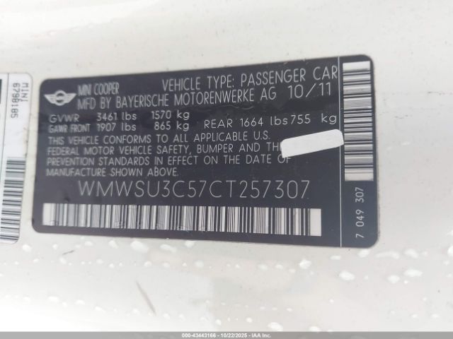 2012 MINI COOPER WMWSU3C57CT257307 Photo 8