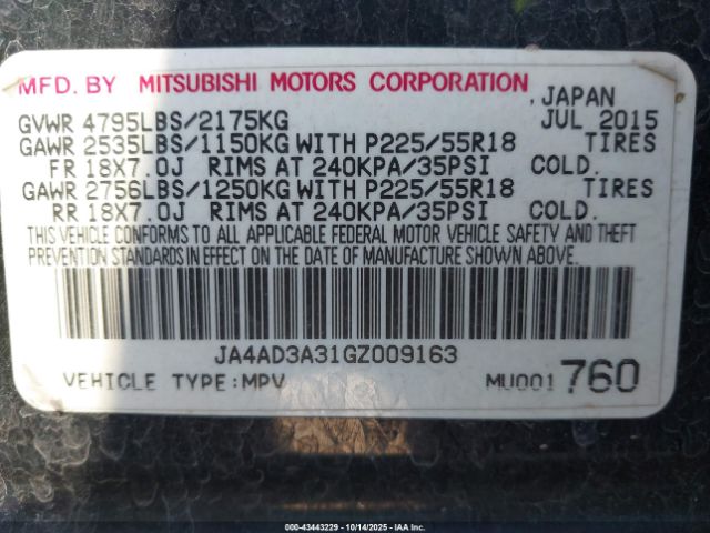 2016 MITSUBISHI OUTLANDER JA4AD3A31GZ009163 Photo 8