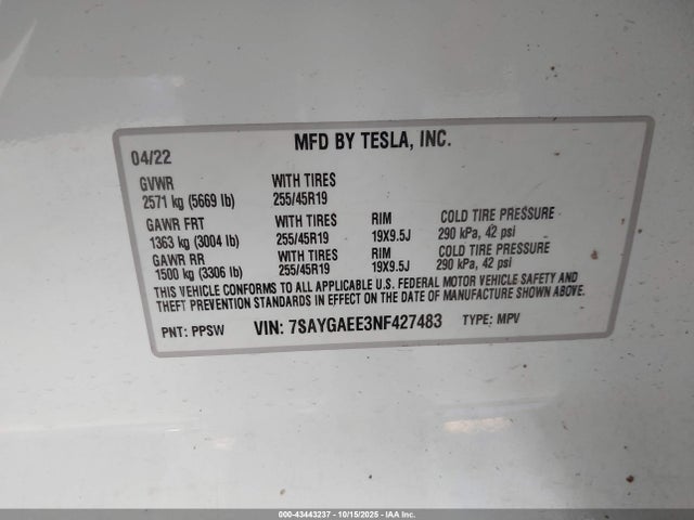 2022 TESLA MODEL Y 7SAYGAEE3NF427483 Photo 8