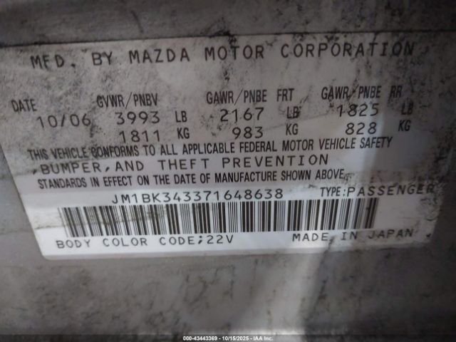 2007 MAZDA MAZDA3 JM1BK343371648638 Photo 8