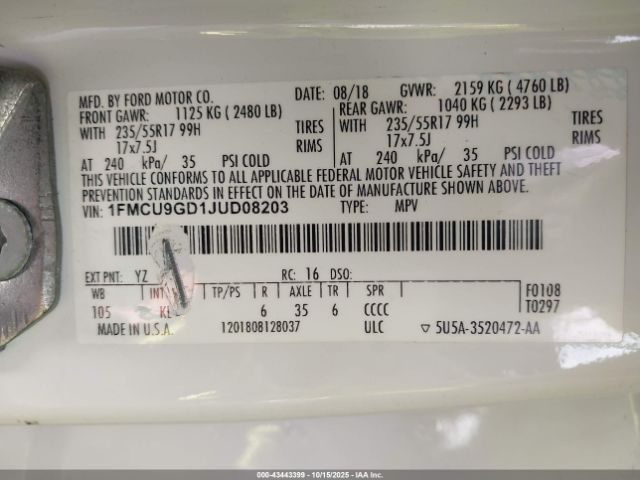 2018 FORD ESCAPE 1FMCU9GD1JUD08203 Photo 8