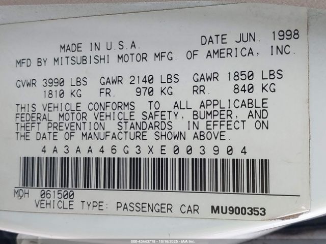 1999 MITSUBISHI GALANT 4A3AA46G3XE003904 Photo 8