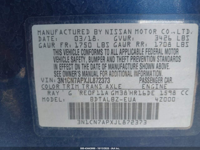 3N1CN7APXJL872373 Nissan Versa 1.6 Sv