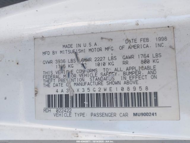 1998 MITSUBISHI ECLIPSE SPYDER 4A3AX35G2WE108958 Photo 8