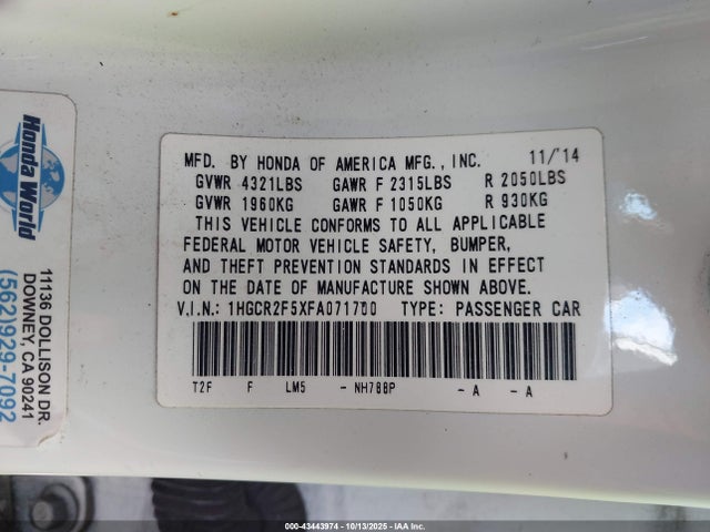 Honda k24w1 2015 1HGCR2F5XFA071700 Image 9