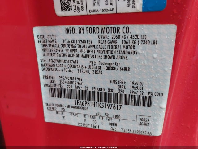 Продажа на аукционе авто 2019 Ford Mustang Ecoboost, vin: 1FA6P8TH1K5197617, номер лота: 43444333