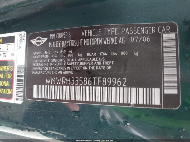 2006 MINI COOPER S WMWRH33586TF89962 Photo 8