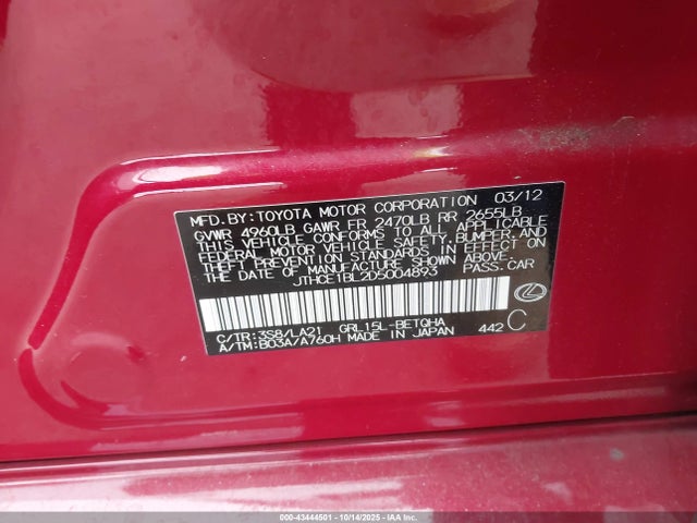 43444501 :رقم المزاد ، JTHCE1BL2D5004893 vin ، 2013 Lexus Gs 350 مزاد بيع