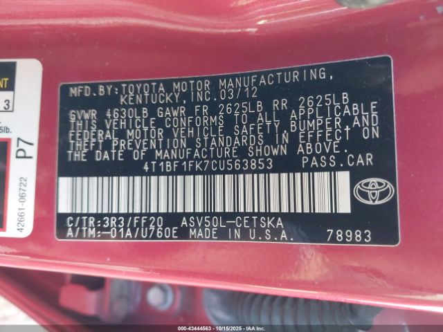 2012 TOYOTA CAMRY 4T1BF1FK7CU563853 Photo 8