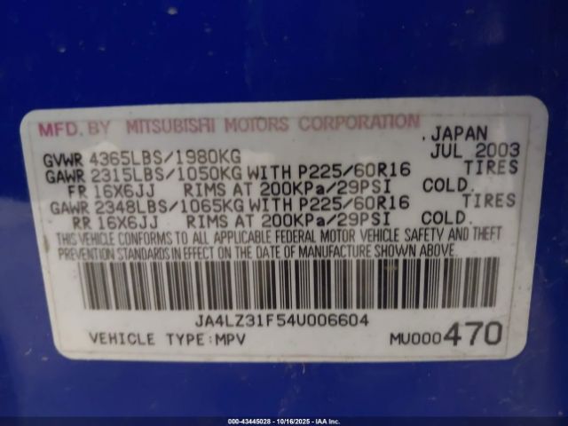 2004 MITSUBISHI OUTLANDER JA4LZ31F54U006604 Photo 8