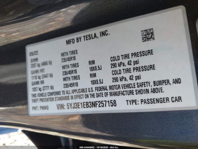 2022 TESLA MODEL 3 5YJ3E1EB3NF257158 Photo 8
