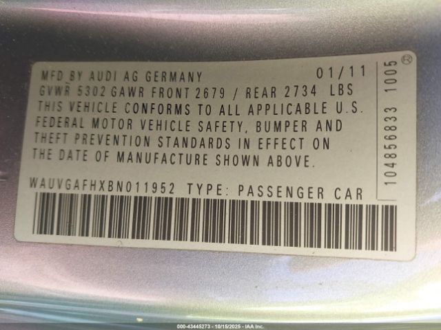 2011 AUDI S5 WAUVGAFHXBN011952 Photo 8