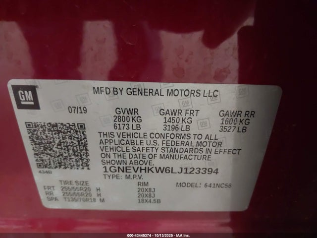 43445374 :رقم المزاد ، 1GNEVHKW6LJ123394 vin ، 2020 Chevrolet Traverse Awd Lt Leather مزاد بيع