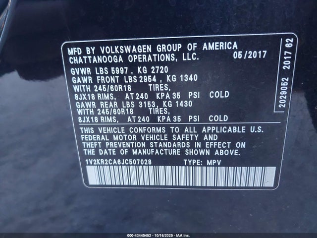 2018 Volkswagen Atlas 3.6l V6 Se მანქანა იყიდება აუქციონზე, vin: 1V2KR2CA6JC507028, აუქციონის ნომერი: 43445452