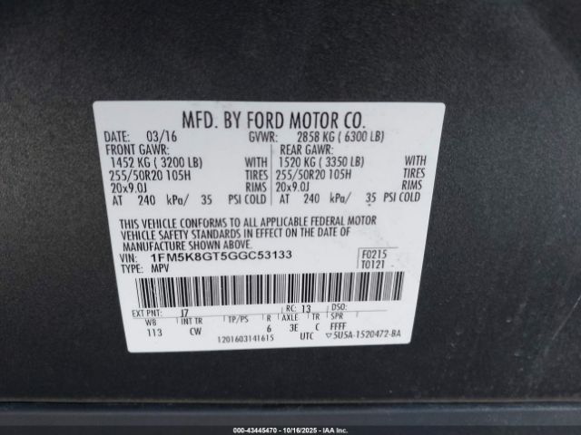 2016 FORD EXPLORER 1FM5K8GT5GGC53133 Photo 8