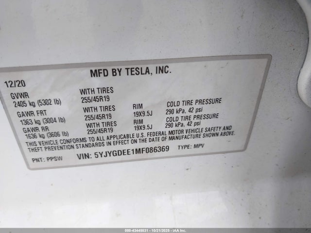 2021 TESLA MODEL Y 5YJYGDEE1MF086369 Photo 8