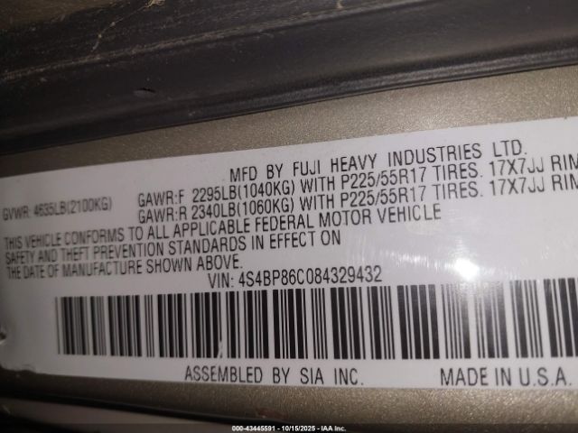 2008 SUBARU OUTBACK 4S4BP86C084329432 Photo 8