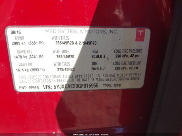 2016 TESLA MODEL X 5YJXCAE20GF015955 Photo 8