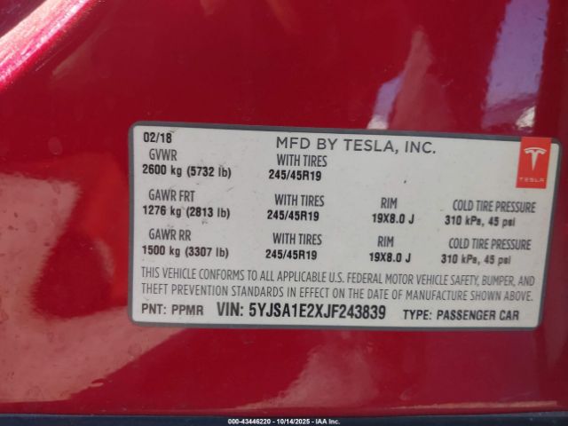 2018 TESLA MODEL S 5YJSA1E2XJF243839 Photo 8