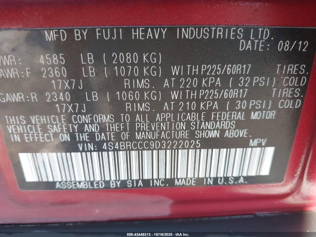 Продаж на аукціоні авто 2013 Subaru Outback 2.5i Premium, vin: 4S4BRCCC9D3222025, номер лоту: 43446313