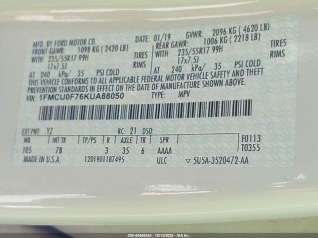 2019 FORD ESCAPE 1FMCU0F76KUA88050 Photo 8