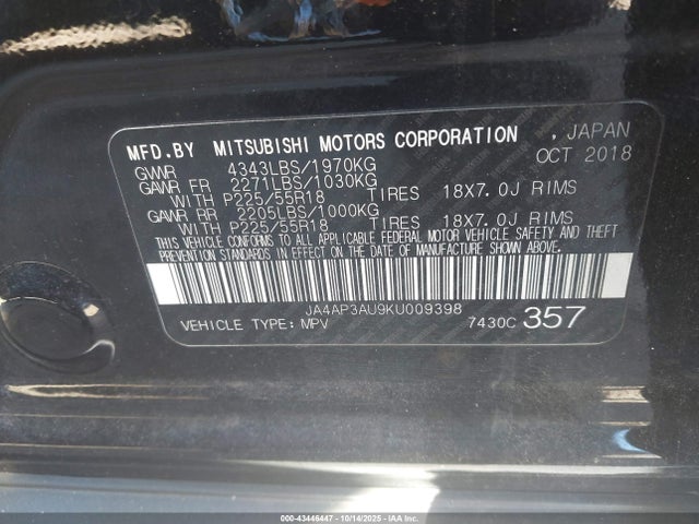 2019 MITSUBISHI OUTLANDER SPORT JA4AP3AU9KU009398 Photo 8