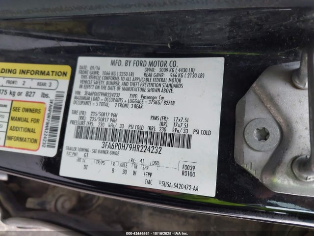 Ford FUSION SE 2017 3FA6P0H79HR224232 Image 9