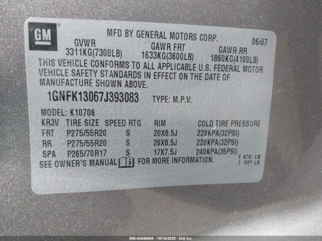 2007 CHEVROLET TAHOE 1GNFK13067J393083 Photo 8