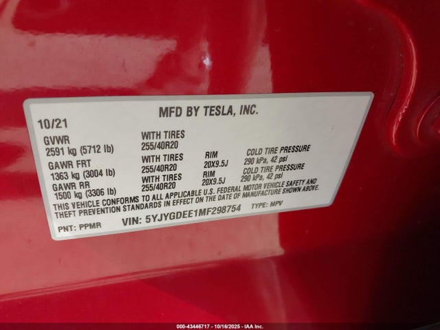 2021 TESLA MODEL Y 5YJYGDEE1MF298754 Photo 8