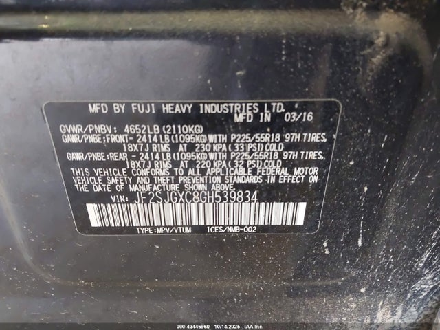 Auction sale of the 2016 Subaru Forester 2.0xt Touring, vin: JF2SJGXC8GH539834, lot number: 43446960