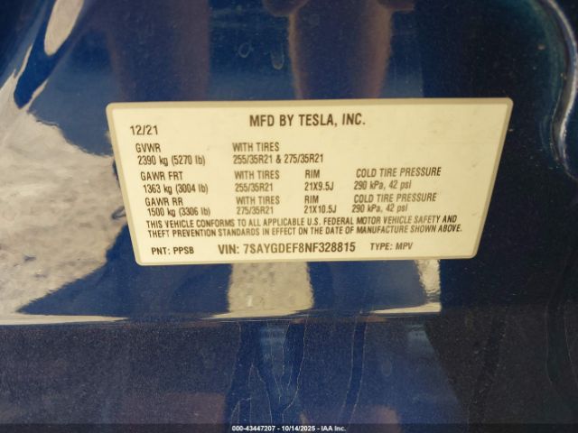 2022 TESLA MODEL Y 7SAYGDEF8NF328815 Photo 8