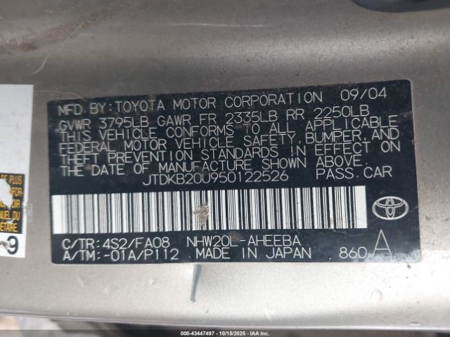 2005 TOYOTA PRIUS JTDKB20U950122526 Photo 8