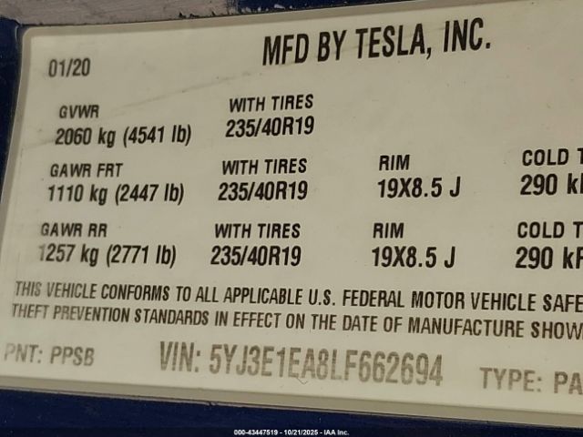 2020 TESLA MODEL 3 5YJ3E1EA8LF662694 Photo 8