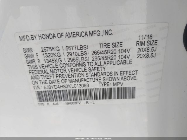2019 ACURA MDX 5J8YD4H83KL013093 Photo 8