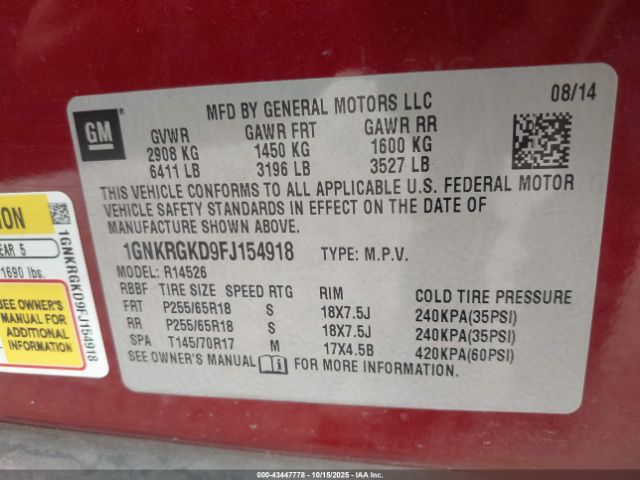 2015 CHEVROLET TRAVERSE 1GNKRGKD9FJ154918 Photo 8