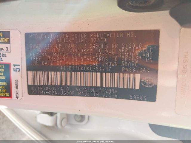 2019 TOYOTA CAMRY 4T1B11HK0KU754217 Photo 8