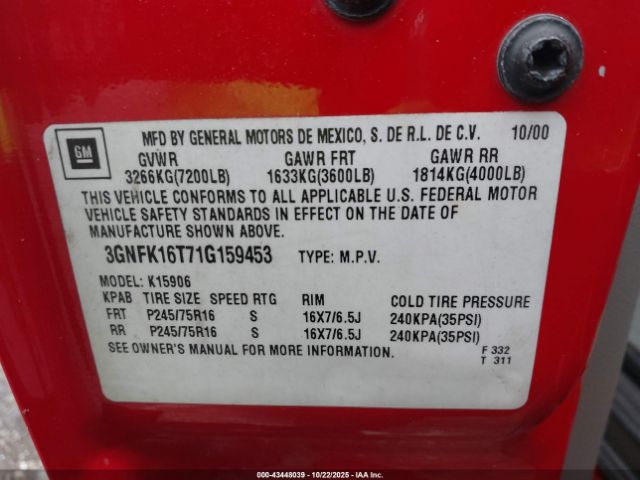 2001 CHEVROLET SUBURBAN 1500 3GNFK16T71G159453 Photo 8