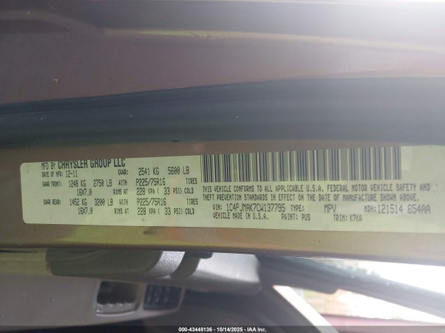 Aukcja sprzedaży 2012 Jeep Liberty Sport, vin: 1C4PJMAK7CW137795, numer aukcji: 43448136