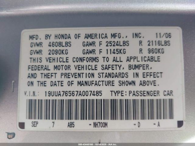 2007 ACURA TL 19UUA76567A007485 Photo 8