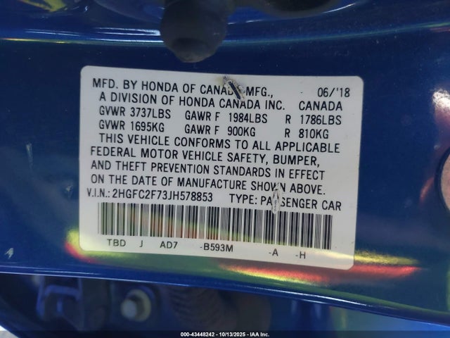 Honda CIVIC EX 2018 2HGFC2F73JH578853 Image 9