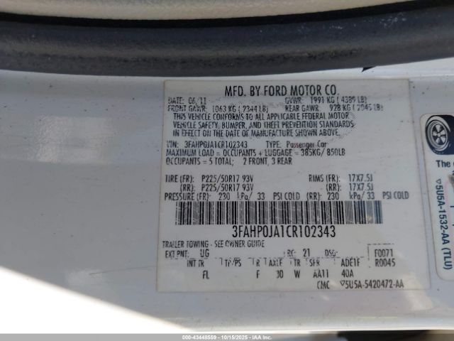 2012 FORD FUSION 3FAHP0JA1CR102343 Photo 8