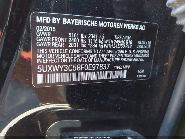 Продаж на аукціоні авто 2015 Bmw X3 Xdrive28d, vin: 5UXWY3C58F0E97837, номер лоту: 43449044