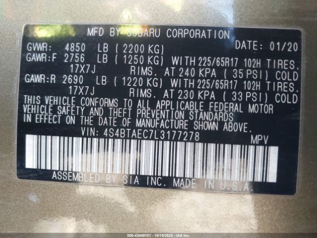 2020 SUBARU OUTBACK 4S4BTAEC7L3177278 Photo 8