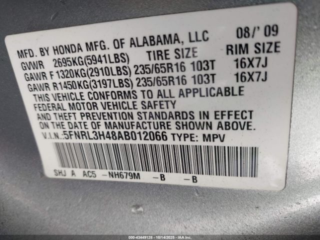 2010 HONDA ODYSSEY 5FNRL3H48AB012066 Photo 8