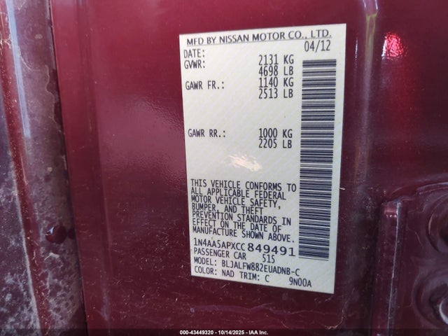 Aukcja sprzedaży 2012 Nissan Maxima 3.5 Sv, vin: 1N4AA5APXCC849491, numer aukcji: 43449320